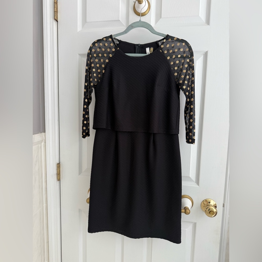 NY Collection Black Sheath Dress with 3/4 Sleeves/ Gold Polka Dots